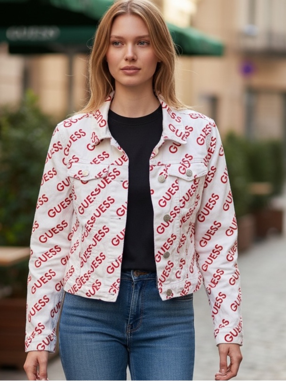 GUESS White Jacket with Red All-Over Logo